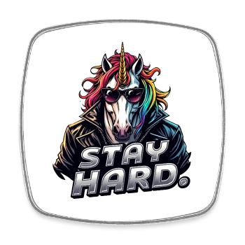 Einhorn im Lederjacke Stay Hard - Viereckiger Kühlschrankmagnet - Weiß - Vorne