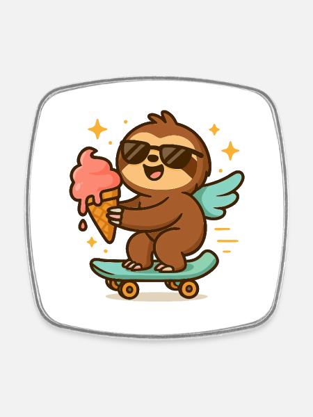 Cool Sloth Skateboard Treat Cone - Square fridge magnet - white