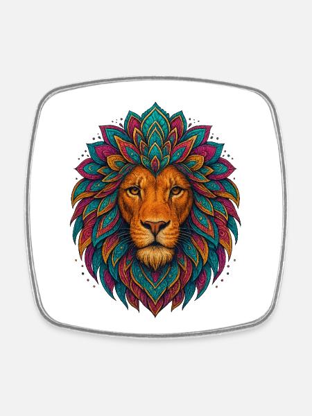 Mandala lion – tête colorée - Magnet carré - blanc
