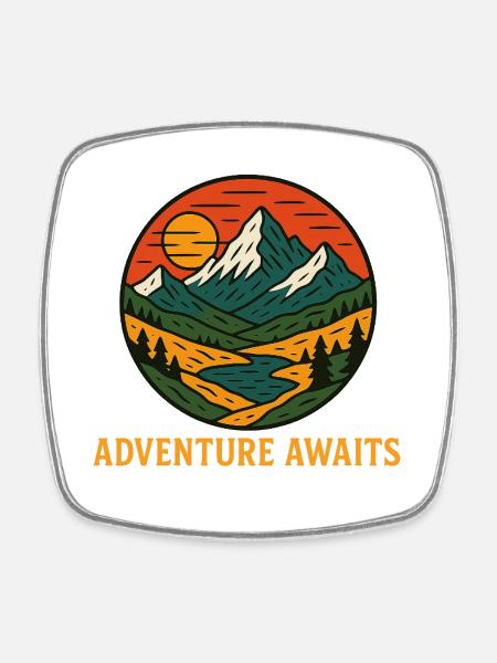 Adventure awaits mountain scenery - Square fridge magnet - white