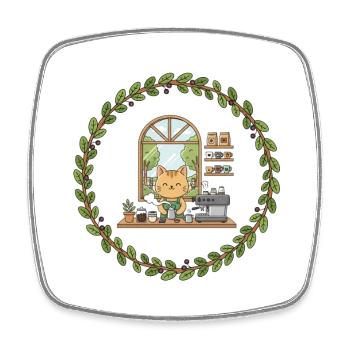 Chat barista dans une couronne de feuilles - Magnet carré - blanc - Devant