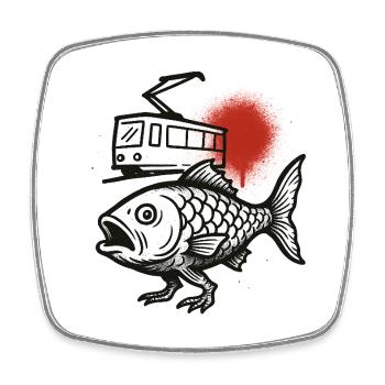 Une vague de poisson d’un tramway et un soleil rouge - Magnet carré - blanc - Devant
