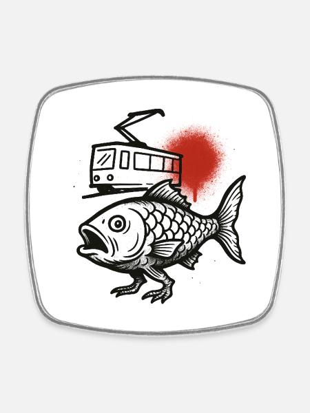 A fish wave of a tram and a red sun - Square fridge magnet - white