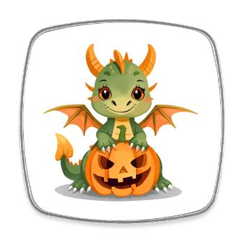 Cute Green Dragon with Halloween Pumpkin - Square fridge magnet - white - Front