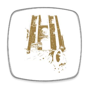 Straßenbahn und Kathedrale in Lissabon ockerfarbene Illustration - Viereckiger Kühlschrankmagnet - Weiß - Vorne