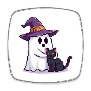 Pixel Geist mit Hexenhut & Katze – Halloween - Viereckiger Kühlschrankmagnet - Weiß - Vorne