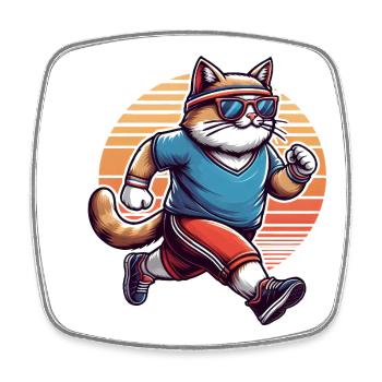 Sporty cat jogging retro sunset - Square fridge magnet - white - Front