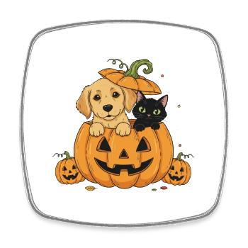 Dog & Cat in Pumpkin | Halloween Friends - Square fridge magnet - white - Front