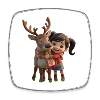 Winter love: Girl hugging reindeer - Square fridge magnet - white - Front