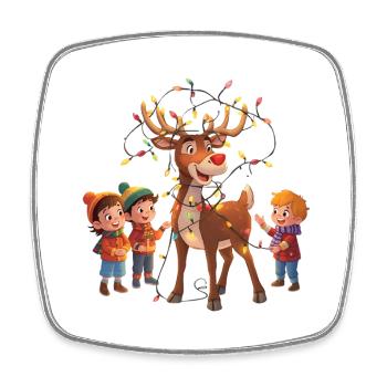Rentier mit Lichterkette und Kindern - Viereckiger Kühlschrankmagnet - Weiß - Vorne