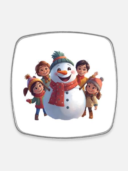 Snowman and friends in winter - Square fridge magnet - white