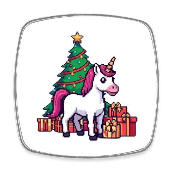 Pixel Unicorn & Christmas Tree Retro Art - Square fridge magnet - white - Front
