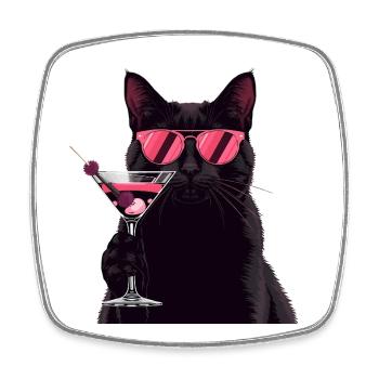 Schwarze Katze mit Pinkem Martini Cartoon - Viereckiger Kühlschrankmagnet - Weiß - Vorne