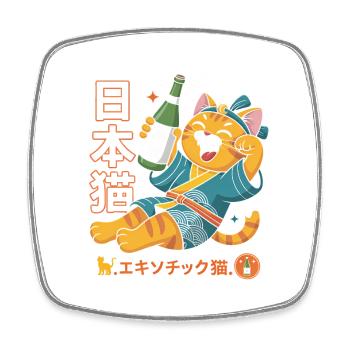 Chat japonais ivre - T-shirt chat drôle - Magnet carré - blanc - Devant