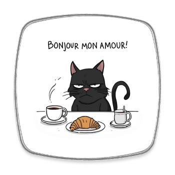 Funny Cat Breakfast Bonjour Mon Amour - Square fridge magnet - white - Front