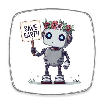 Robot mignon avec couronne de fleurs – Save Earth - Magnet carré - blanc - Devant