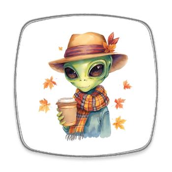 Hipster Alien with Coffee – Autumn Vibes - Square fridge magnet - white - Front