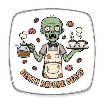 Zombie Barista Death Before Decaf - Square fridge magnet - white - Front
