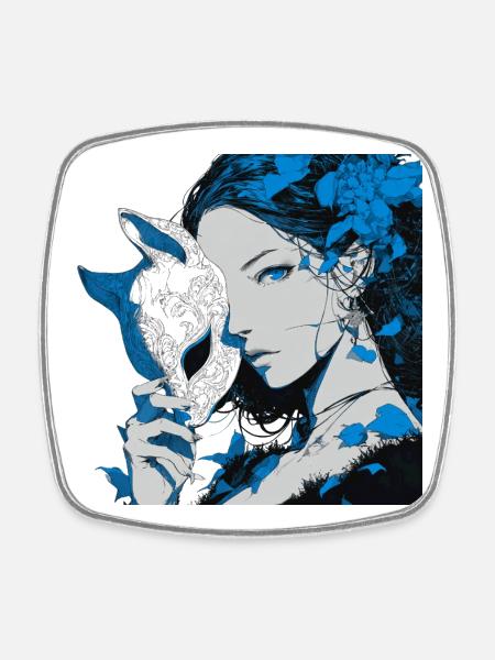 Young woman blue mask portrait with flowers - Square fridge magnet - white