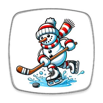 Eishockey Schneemann in Action - Viereckiger Kühlschrankmagnet - Weiß - Vorne