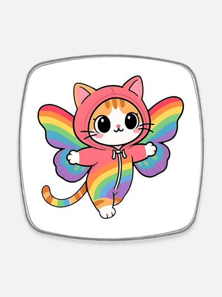 Chat papillon aux ailes Arc-en-Ciel Hoodie - Magnet carré - blanc