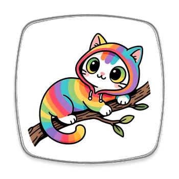 Rainbow cat hoodie on branch - Square fridge magnet - white - Front