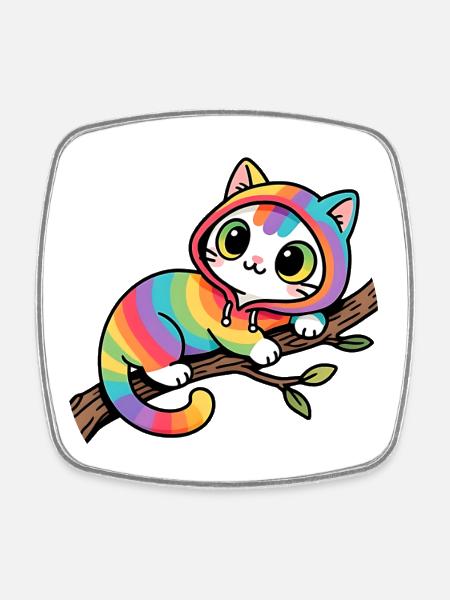 Chat arc en ciel hoodie sur branche - Magnet carré - blanc