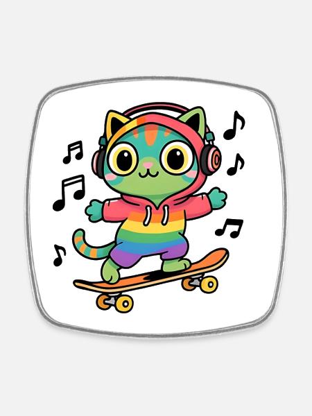 Chat arc en ciel sur skate - Magnet carré - blanc