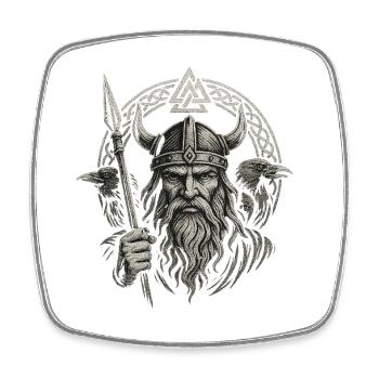 Odin : Dieu de la guerre avec les corbeaux, Hugin et Munin - Magnet carré - blanc - Devant