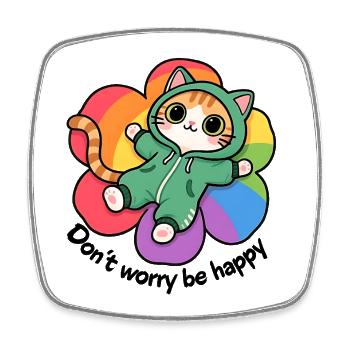 Don't worry be happy, relax cat on a flower - Square fridge magnet - white - Front
