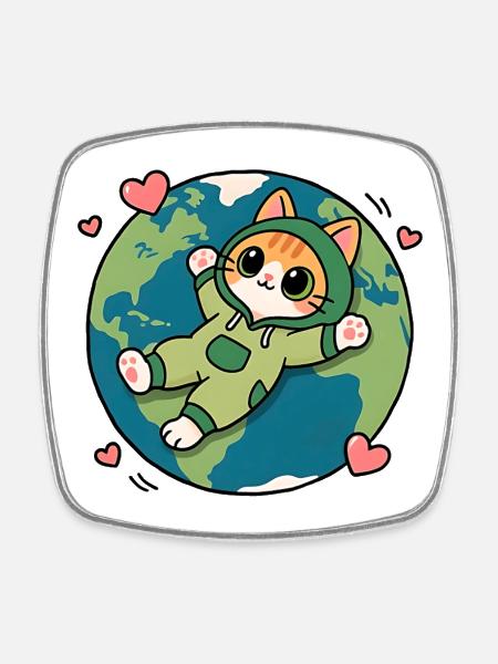 Chat écolo vert sur la planète Terre - Magnet carré - blanc