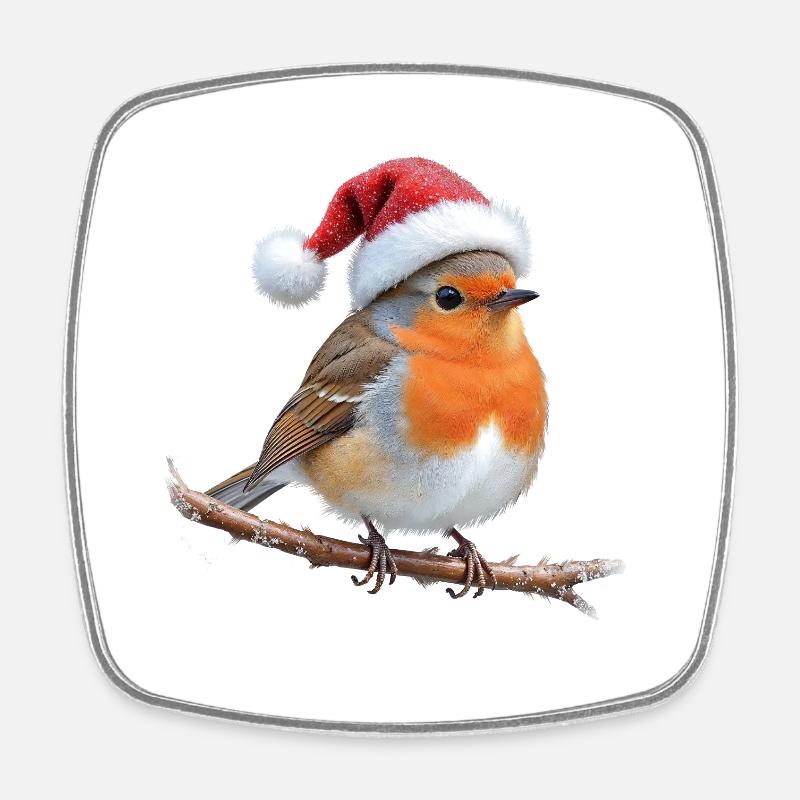 Robin Santa Hut auf Ast - Viereckiger Kühlschrankmagnet - Weiß
