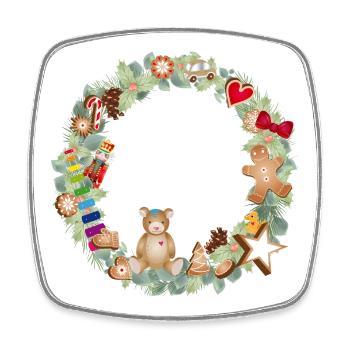 Couronne de Noël colorée avec des jouets et du pain d’épice - Magnet carré - blanc - Devant