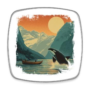 Orca Wal Fjord Vintage Sonnenuntergang Natur - Viereckiger Kühlschrankmagnet - Weiß - Vorne
