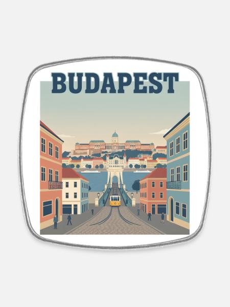 Budapest Tram River Vintage Travel Poster City - Square fridge magnet - white