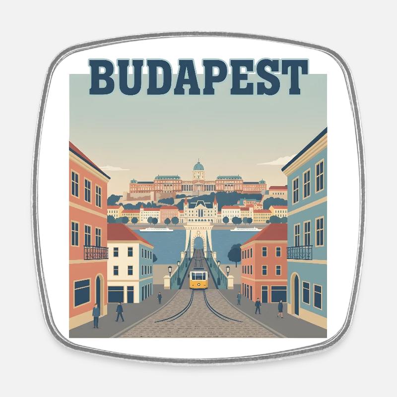 Budapest Tram River Vintage Travel Poster City - Square fridge magnet - white