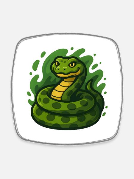 Green Cartoon Anaconda Snake in Wave Swell - Square fridge magnet - white