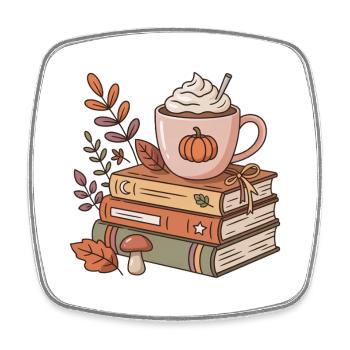 Autumn coffee on stack of books - Square fridge magnet - white - Front