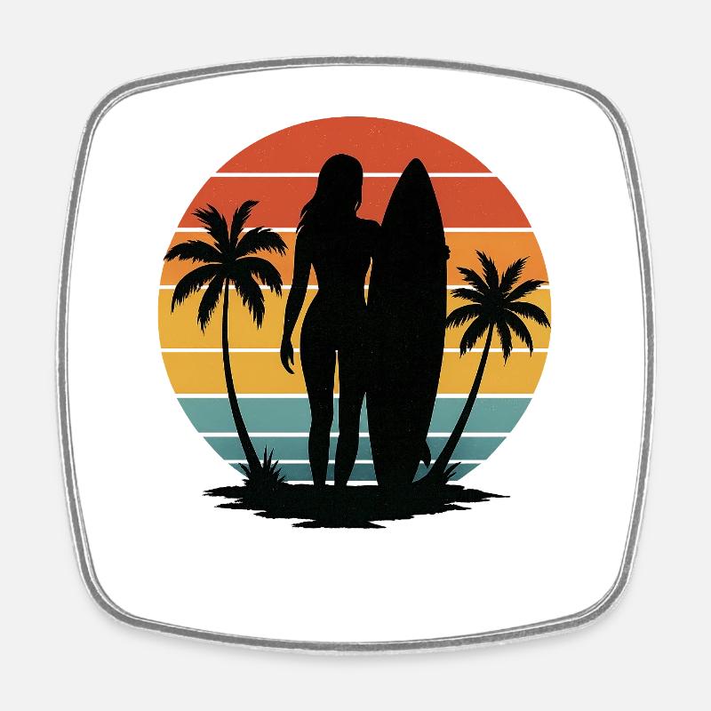 Retro Sunset Female Surfer - Square fridge magnet - white