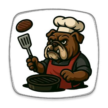 Bulldog Grill Master Flipping Steak Art de bande dessinée - Magnet carré - blanc - Devant
