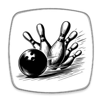 Dynamischer Bowlingkugel Wurf auf Pins - Viereckiger Kühlschrankmagnet - Weiß - Vorne
