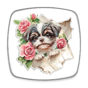 Shih Tzu Vintage Blumen - Viereckiger Kühlschrankmagnet - Weiß - Vorne