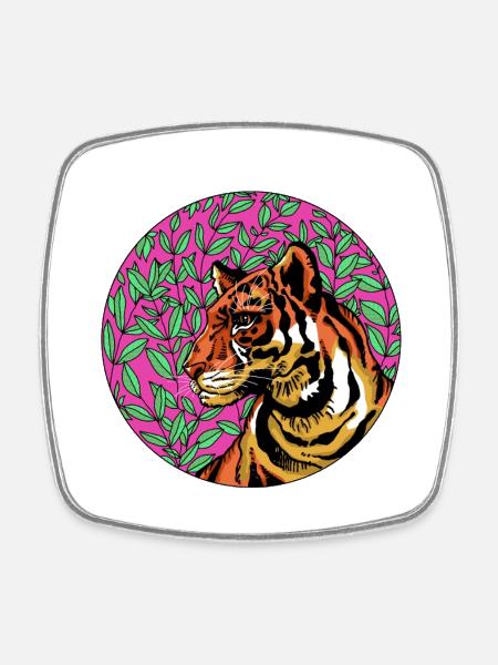Tiger in pink foliage - Square fridge magnet - white