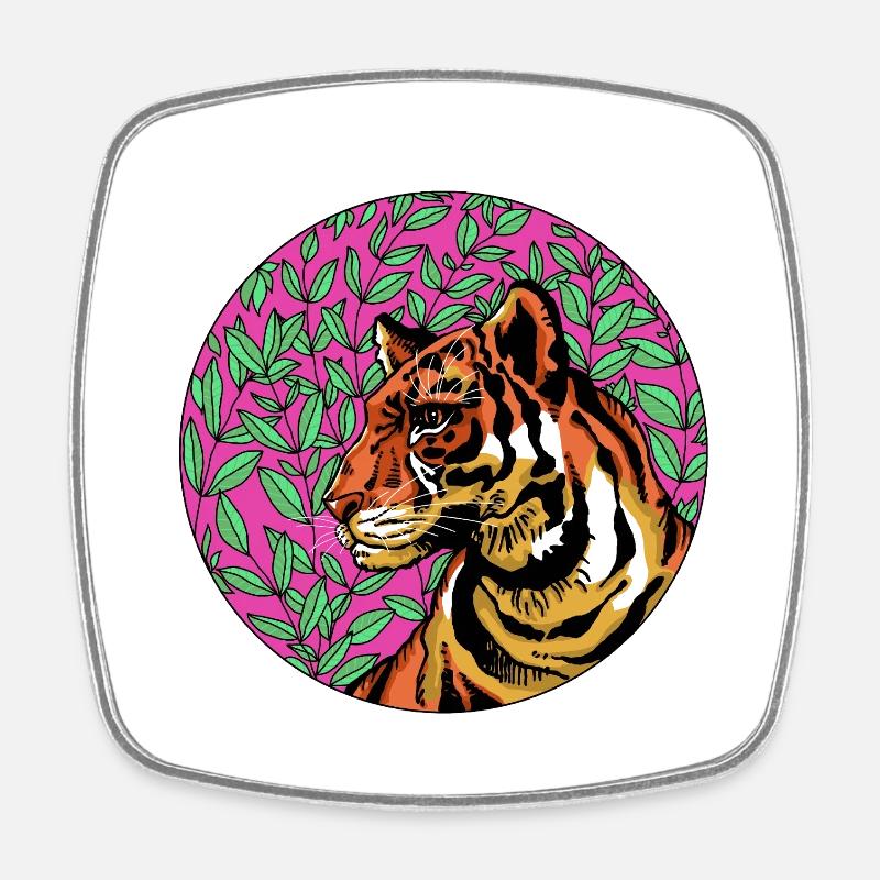 Tigre en feuillage rose - Magnet carré - blanc