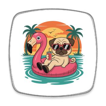 Lustiger Mops tropischer Sommerflamingo-Float - Viereckiger Kühlschrankmagnet - Weiß - Vorne