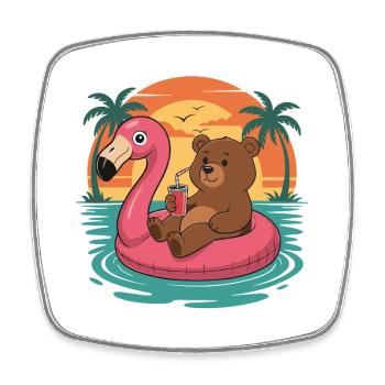 Funny Bear Tropical Summer Flamingo Float - Square fridge magnet - white - Front