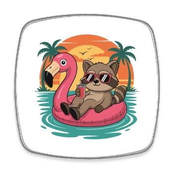 Lustiger Waschbär entspannt sich auf Flamingo Float Sunset - Viereckiger Kühlschrankmagnet - Weiß - Vorne