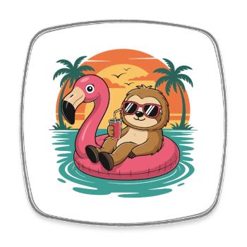 Funny Sloth Tropical Summer Flamingo Float Sunset - Square fridge magnet - white - Front