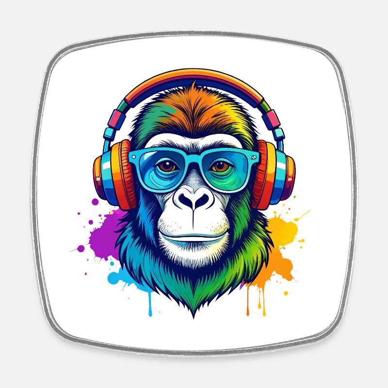 Gorille DJ Arc-en-Ciel avec casque - Magnet carré - blanc