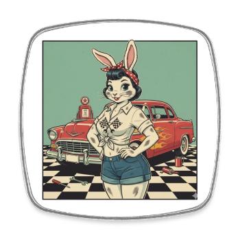 Häsin Racer Pinup Retro Auto - Viereckiger Kühlschrankmagnet - Weiß - Vorne